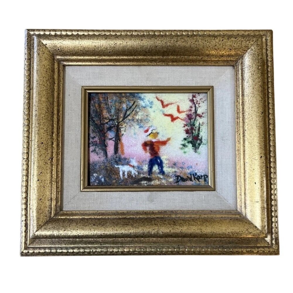 David Karp Signed Garden Scene Enamel on Copper Painting 9x9.5in Gold Frame